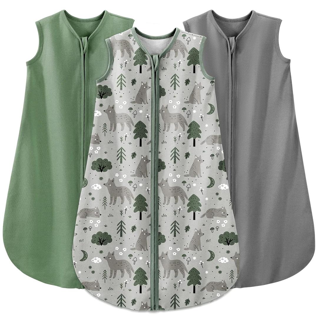 Yoofoss Baby Sleep Sack 6-12 Months Baby Wearable Blanket 100% Organic Cotton 2-Way Zipper Toddler Sleeping Sack, 3 Pack Soft Lightweight Sleep Sacks for Babies (Medium, Green&fox&gray)