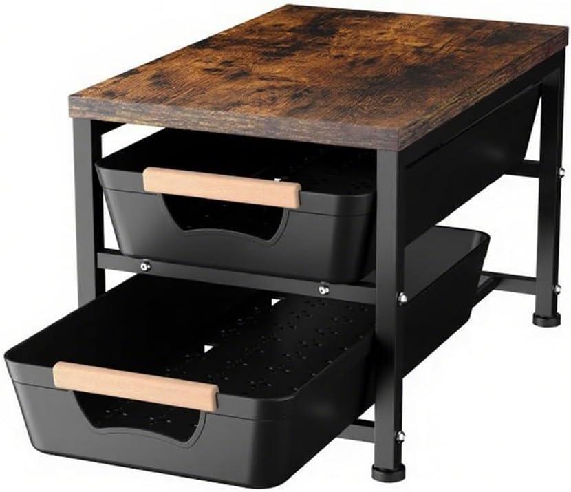 Office Desk Shelf Organizer, Wood Desktop Bookshelf Supplies Storage Rack with Drawer, Pull-Out Baskets Shelf for Top of Desk and Dresser (Black, Medium 14.96" D x 9.45" W x 11.02" H)