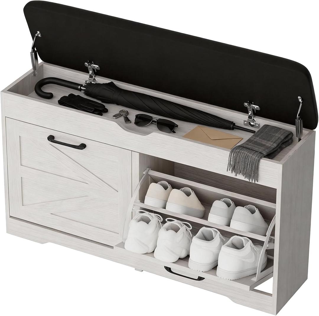 Shoe Storage Bench Cushion, Entryway Bench with Storage, End of Bed Shoe Benches, Small Shoe Rack Benches, Entry Way Shoes Cabinet for Entryway, Bedroom, Living Room, Farmhouse, White, 39.37 inches W x 9.37 inches D x 21.65 inches H