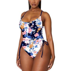 Viottiset Women's Ruched High Cut One Piece Swimsuit Tummy Control Bathing Suit Monokini (3X-Large, Blue Printed Pattern)