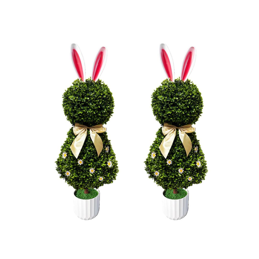 3FT Artificial Bunny Topiary Trees Set of 2, UV Resistant Faux Boxwood Rabbit Tree with Pot, Outdoor Indoor Easter Spring Porch Garden Decor