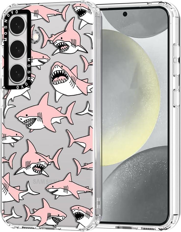 MOSNOVO Case for Samsung Galaxy S24 Plus, [Buffertech 6.6ft Military-Grade Drop Protection] [Anti Peel Off Tech] Clear TPU Bumper Phone Case Cover Design - Pink Sharks