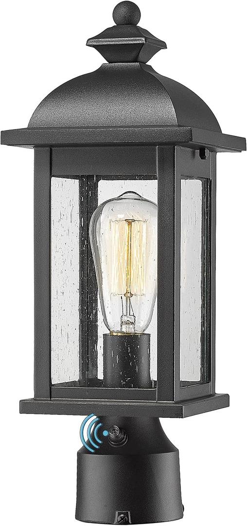 FEMILA Dusk to Dawn Outdoor Post Light, Waterproof Pole Lantern Light Fixture, Exterior Lamp Posts Outdoor Lighting for Garden Patio Yard Pathway Driveway, Clear Glass Panel, 4FD54P-PC BK (16", Black)