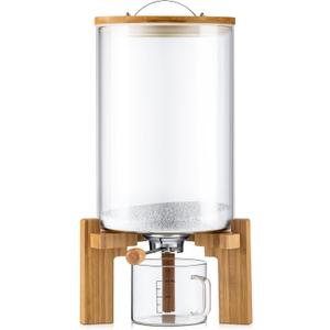 Tioncy 8L Flour and Cereal Glass Container Rice Oatmeal Dispenser Storage Container Cereal Food Storge Container with Airtight Lid Wooden Stand and Measuring Cup for Kitchen Organization Pantry Store