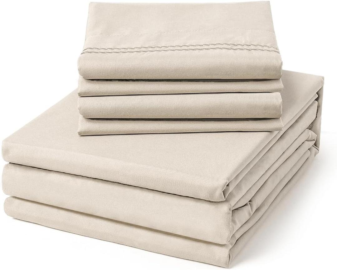ClevaHome Queen Size Sheet Set - 6 Piece Soft Breathable Luxury Bed Sheet Set - Shrinkage & Fade Resistant Embroidered Bedding Sheet with Deep Pocket, 2 Extra Pillowcases (Queen, Oat Milk)