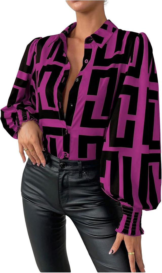 SweatyRocks Women's Graphic Print Long Lantern Sleeve Collar Neck Button Front Blouse Shirt Top (Medium, Hot Pink)