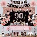 90th Birthday Decorations for Women, 33pcs 90th Crown and Sash, Black Rose Gold Happy 90th Birthday Banner Balloons Backdrop Hanging Swirls Paper Fans, 90 Years Old Bady Decorations Kit