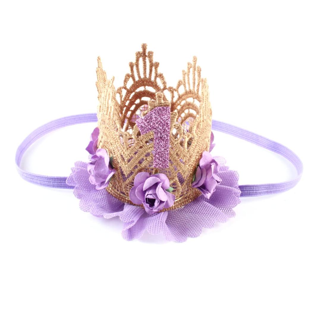 1st Birthday Tiara Headband for Baby Girl - Glitter Number Tiara, Flower Headband, Toddler Infant Kids Purple Hat