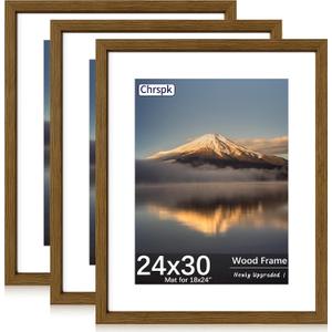 24X30 Poster Frame, Display Pictures 18X24 with Mat or 24X30 Without, Wall Hanging Frames, Rustic Brown, 3 Pack