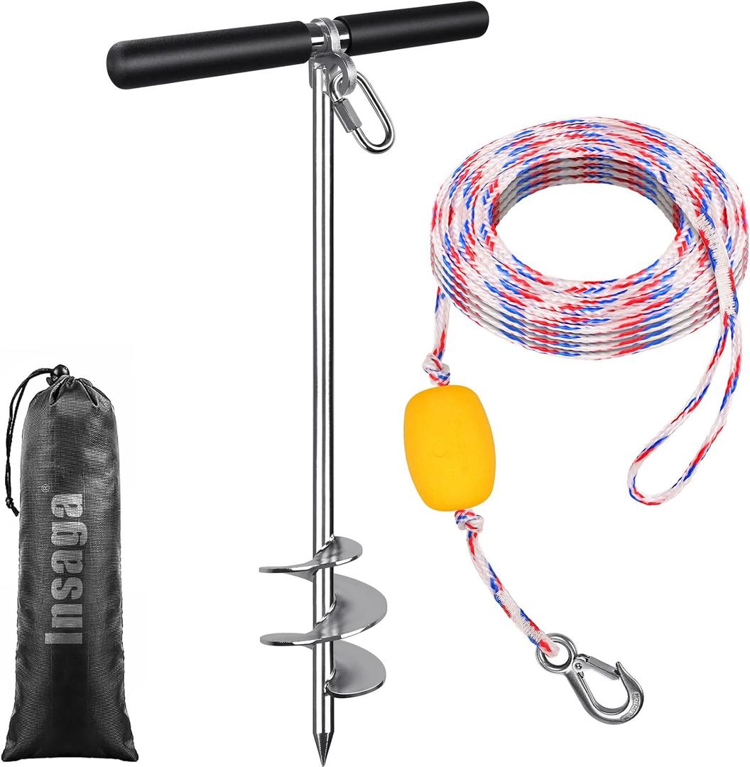 Insaga 26'' Sand Anchor for Boat with 32ft Rope, 304 Stainless Steel Boat Sand Anchor with Crossbar, Fully Welded Screw in Boat Anchor for Kayak, Jet Ski, Pontoon, Shallow Water, Beach and Sandbar Use