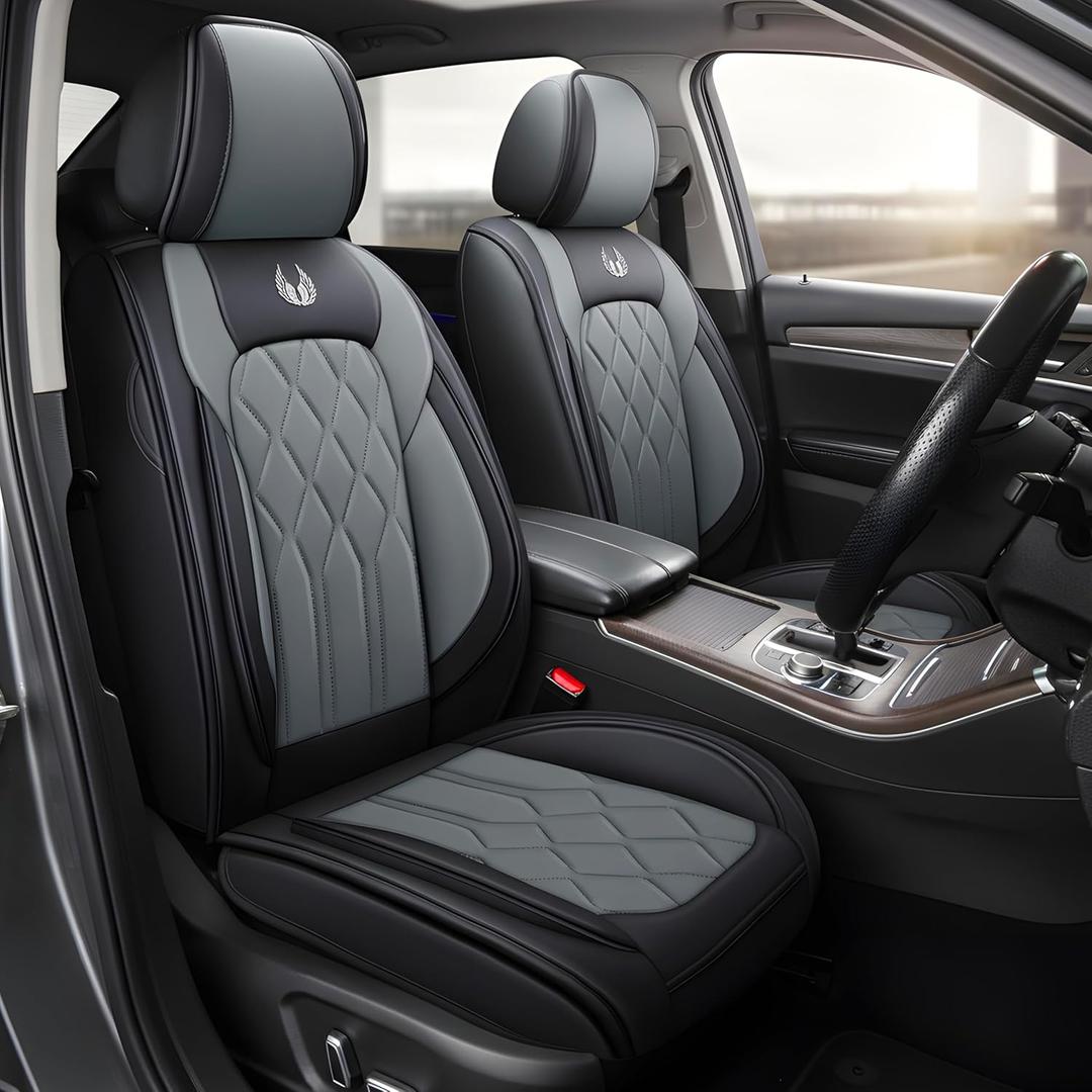 OASIS AUTO Car Seat Covers Full Set Premium Waterproof Faux Leather Cushion Universal Accessories Fit SUV Truck Sedan Automotive Vehicle Auto Interior Protector (OS010-Gray)