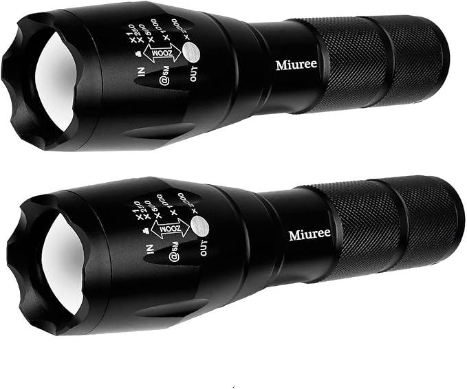 Miuree 2 Pack LED Tactical Flashlight Water Resistant Military Grade 2000 Lumens 5 Modes Zoom Function Ultra Bright Torch