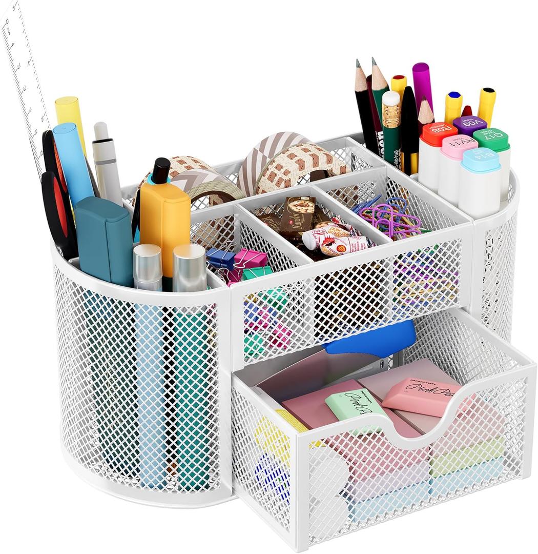 EasyPAG Mesh Desk Organizer with 8 Compartments & Drawer  Metal Office Storage for Home, School, Workspace, White (8.75 x 4.25 x 4 inches)