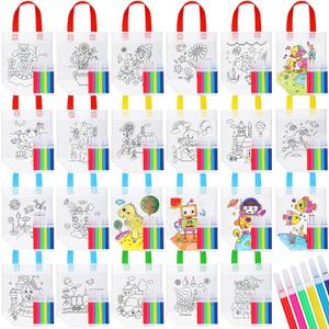 Chunful 48 Pieces Cute Coloring Goodie Gift Bags for Kids Birthday Party Coloring Tote Bags Reusable Cartoon Colorful Party Favor Non Woven with Colorful Pens DIY Crafts (Lovely with Maker)