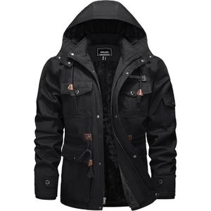 TACVASEN Men's Winter Jacket Cotton Military Jackets Fleece Lined Thick Work Warm Cargo Coats with Hooded (Medium, Black)