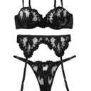 Lilosy Sexy Leaf Floral Embroidered Mesh Sheer Women Underwire Push Up Lingerie Set (Black, L)