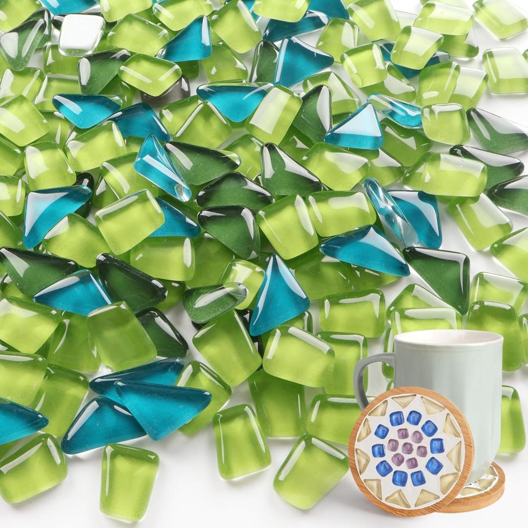 Mosaic Tiles for Crafts, 500g Irregular Tiny Mosaic Tile with Bamboo Coaster, Handmade 1.1LB Crystal Mosaics Pieces Stained Glass Bulk for DIY Art Projects Home Decoration (Green Series)
