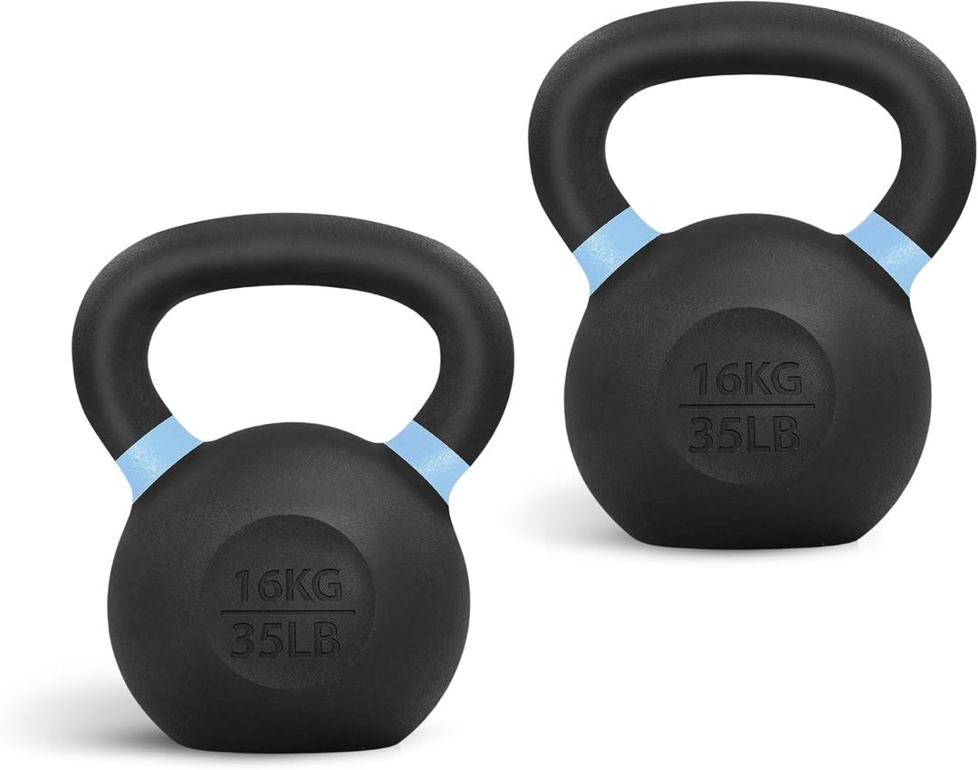 Yes4All Powder Coated Kettlebell, Cast Iron Core Kettlebells with Non-Slip Handle & Flat Bottom for Conditioning, Heavy Duty for Strength Training, 9lb to 71lb - Single & Pair (Light Blue)