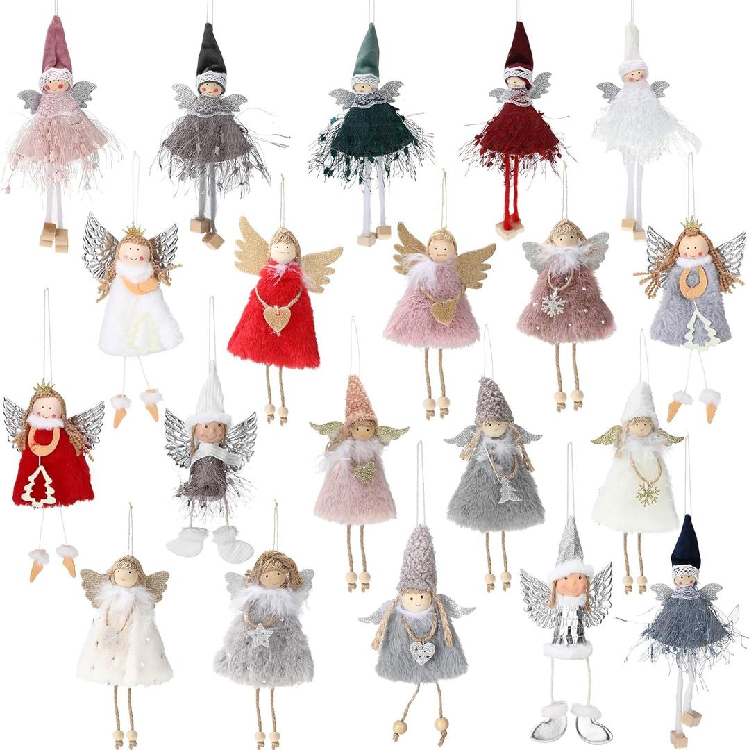 HyDren 20 Pieces Christmas Angel Tree Ornaments Plush Doll Ornaments Xmas Tree Dolls Decorative Plush Angel Pendants Christmas Hanging Decorations for Holiday Party, 20 Styles(Elegant)