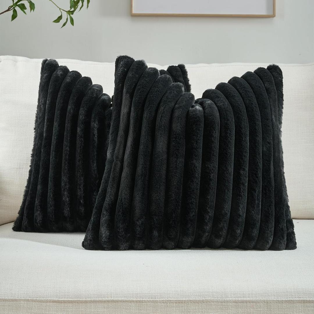 FUTEI Black Throw Pillow Covers Set of 2, 18x18 Inch Soft Faux Rabbit Fur Striped Texture Cushion Cases, Modern Decorative Couch Pillows for Living Room Bed