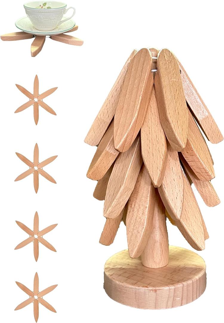 Kinnsto Wooden Trivets for Hot Dishes Mat Coasters Pot Plate Bowl Teapot for Kitchen Natural Foldable Stackable Christmas Tree  Set of 4