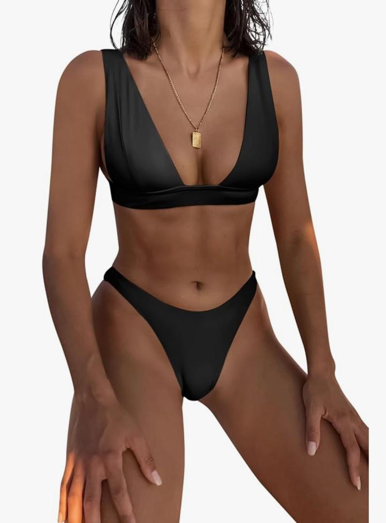 Bathing Suits for Women Deep V Neck Sexy Two Piece Bikini Sets for Women Thong Halter Cheeky Swimsuit, Large