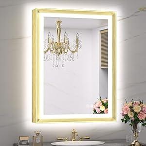 Gold 36x36 Inch Light up Bathroom Vanity Mirror with Front Lights and Backlit for Wall Aluminum Alloy Frame Rectangle Beveled Edge Tricolors Stepless Dimmable Anti-Fog Memory Function