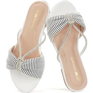 Women's Sandals Rhinestone Strappy Slides With Soft Memory Foam Insole, Dressy Open Toe Beach Slippers Flats for Summer (7, White)