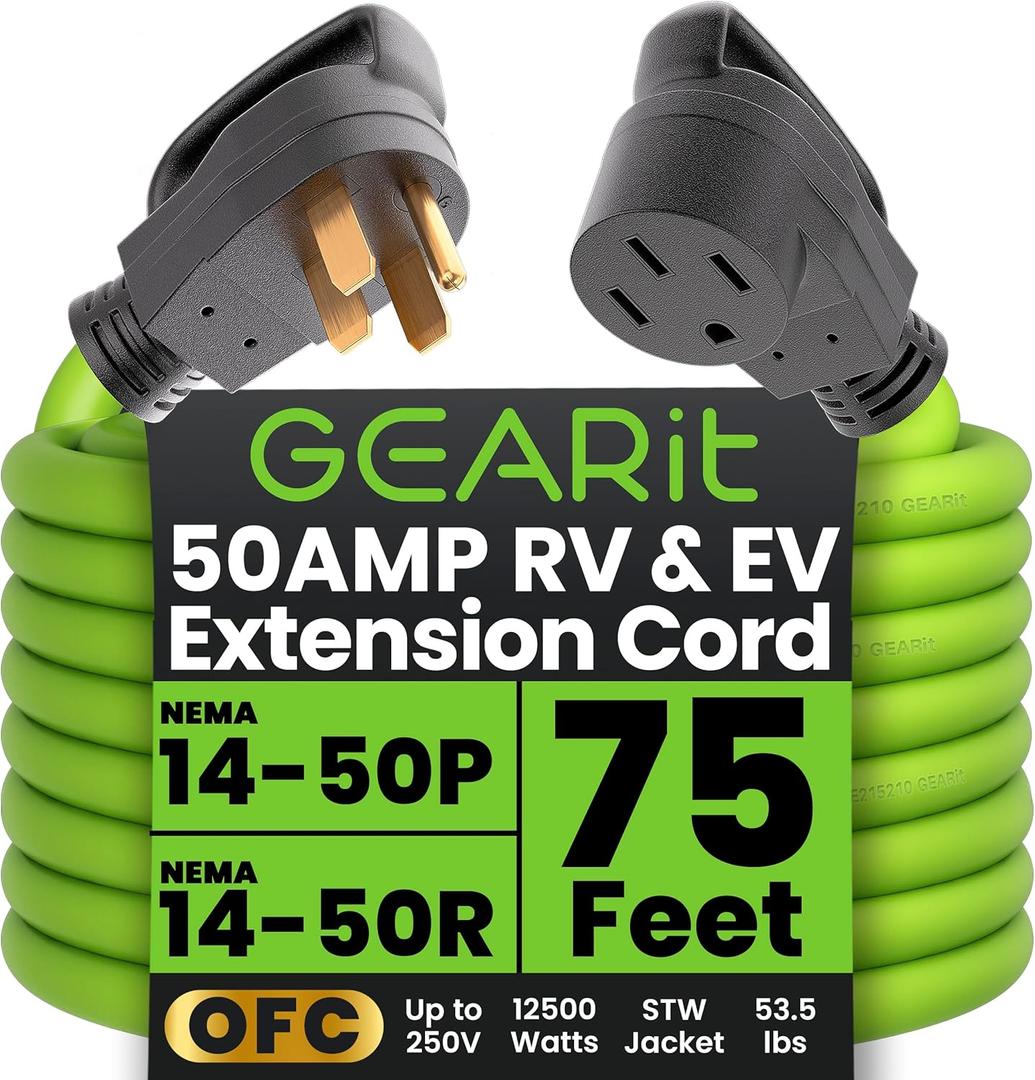 GEARit 50-Amp Extension Cord for RV & EV, 250-Volt, 4-Prong, Compatible with Tesla Models, NEMA 14-50P to 14-50R 6/3, 8/1 STW AWG Gauge, Waterproof, 75 ft, Green