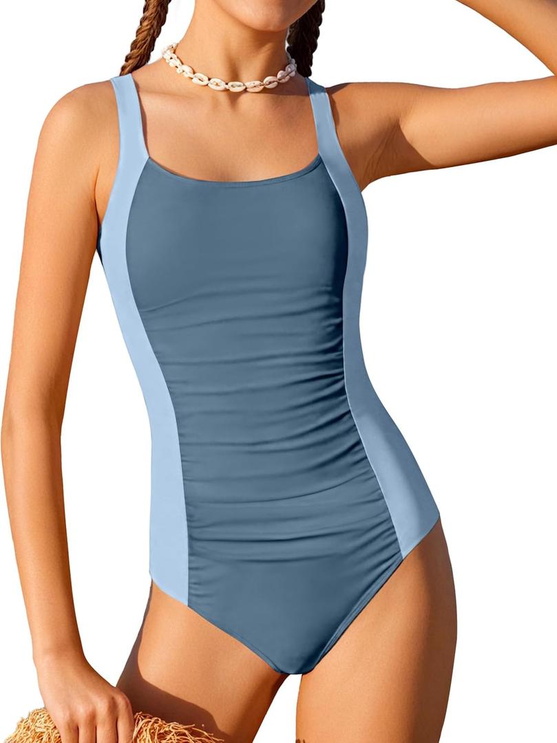 BAVEDER Girls Swimsuit One Piece Swimsuits Solid Ruched Bathing Suit for Girls Full Coverage Modest Padded Swimwear 9-16y (15-16 Years, Blue)