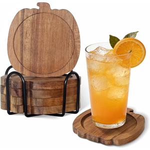 Coasters Set of 4,Pumpkin-Shaped Drink Coasters, Acacia Wood Coaster Set,Suitable for Coffee bar Accessories,Table Decor,Bars, and Offices