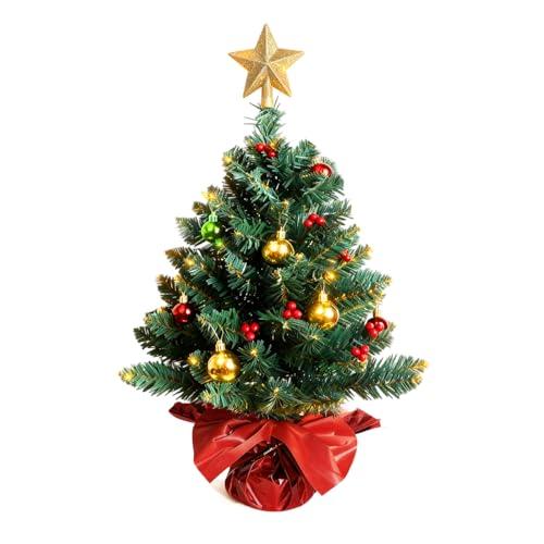 24 Inch Tabletop Christmas Tree, Artificial Mini Xmas Pine Tree with LED String Lights and Ornaments, Christmas Decoration Tree Decor-Red