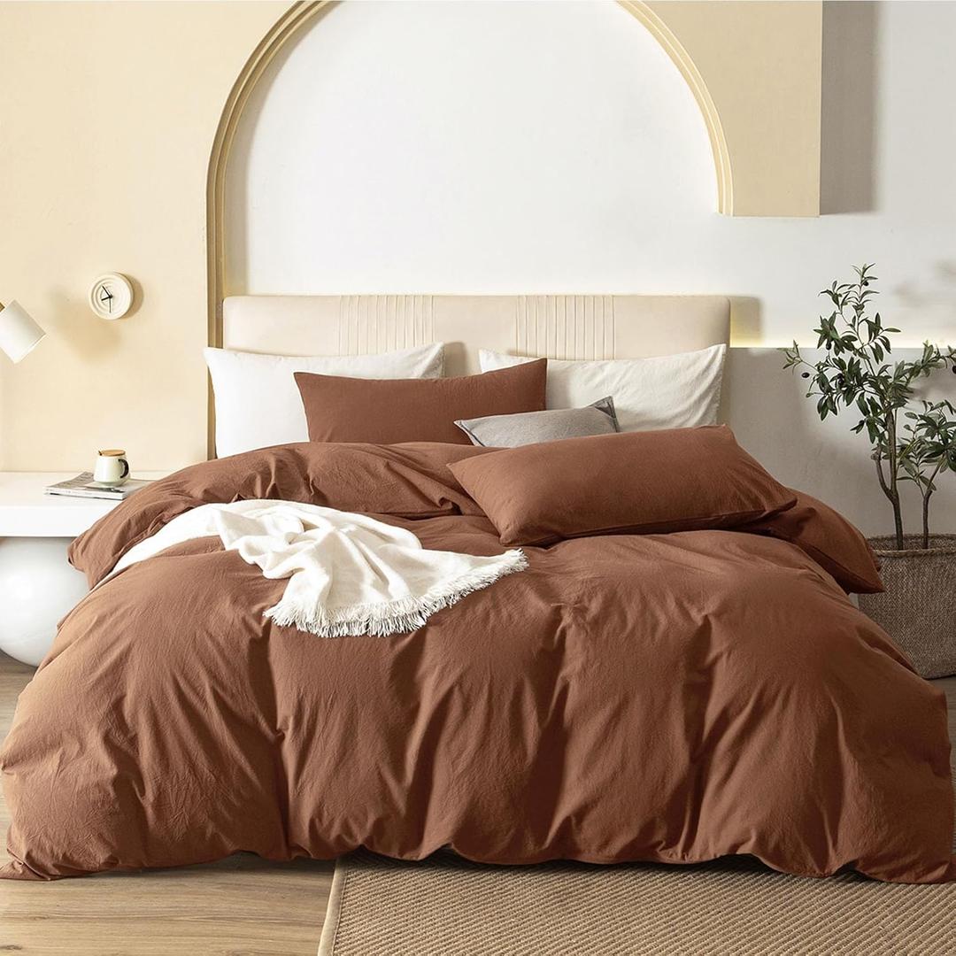 JIYUAN 100% Washed Cotton Duvet Cover Set 3 Pieces King, 1 Duvet Cover 104x90 Inches(Comforter Not Included) and 2 Pillowcases, Linen Feel Bedding Set Comfy and Breathable, Burnt Orange