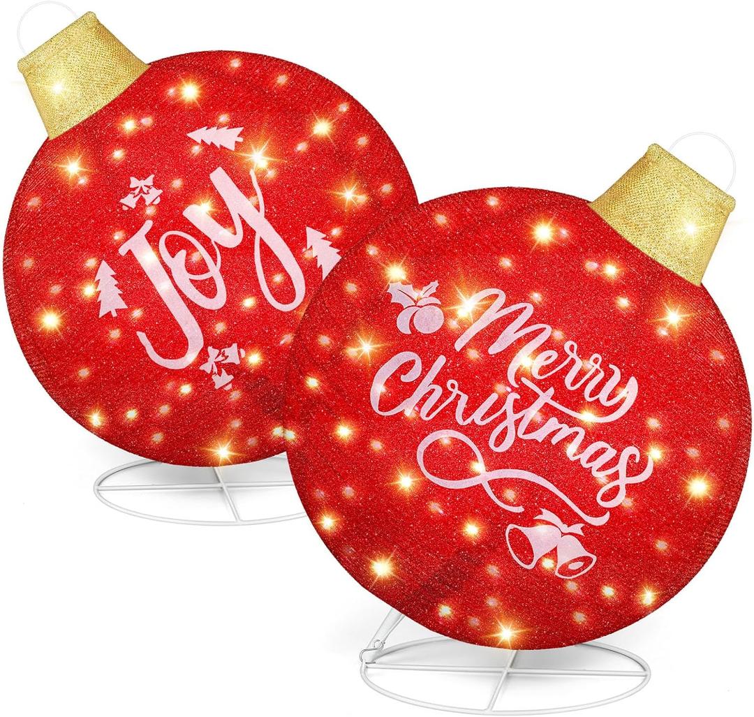 Honoson 2 Pcs Christmas Giant Light Up Ornaments Outdoor 24 Inch Lighted Pop-Up Ball Christmas Ornament Set Large Outside Holiday Christmas Decorations for Yard Lawn(Red,Joy and Merry)