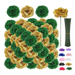 108pcs Roses Head Flowers with Stem - Emerald Green Gold Artificial Flowers Rose Bulk - Silk Rose Fake Flower for Wedding Bouquet Decor DIY Baby Shower Centerpieces St Patrick's Day Decoration