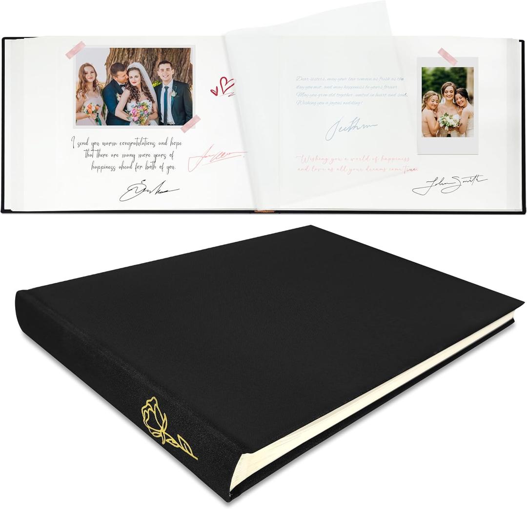 Wedding Guest Book 50 Blank Pages Polaroid Guest Book to Sign at Weddings Reception,Linen Cover Scrapbook Reception Party for Baby Shower Birthdays Funeral Special Events,Black