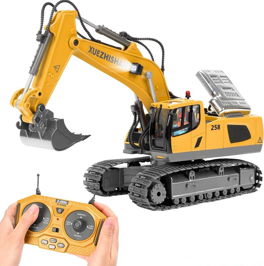 Remote Control Excavator Toys for Boys Turns 680-degree 2 Batteries Metal Shovel Lights/Sounds Construction Toys Birthday Gifts Boy Toys for 3 4 5 6 7 8 Years Old