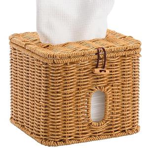 Facial Clean Skin Club Face Towels Holder for Bathroom, Plastic Rattan Disposable Face Towel Holder, Farmhouse Style for XL Face Towels Box Basket with Lid, Light Brown