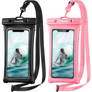 CACOE [Floatable] Floating Universal Waterproof Phone case 2 Pack-Up to 7.0",Phone Pouch with Adjustable Neck Lanyard,IPX8 Cellphone Dry Bags for Vacation Water ActivitiesBlack+Pink