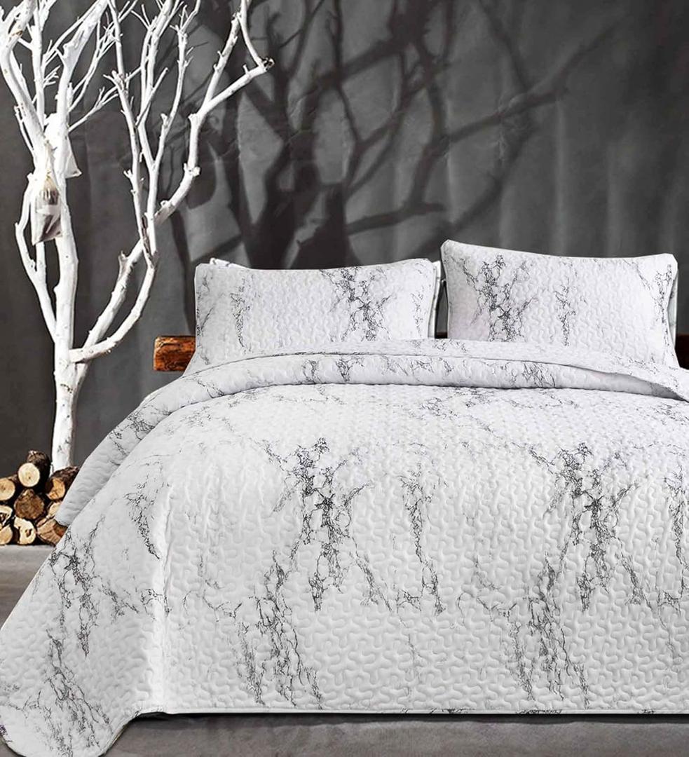 Nanko King Size Quilt Set, White and Grey Black Marble Bedspreads, Soft Lightweight Coverlet Bed Spreads, Modern Farmhouse Thin Quilted Comforter Gray Bedding Sets for Women Men, 104 x 90 inch 3 Pcs