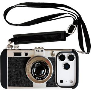3D Vintage Camera Phone Case with Long Lanyard - Unique Cool Silicone PC Shockproof Crossbody Protective Case for iPhone 17 Pro Max- Black