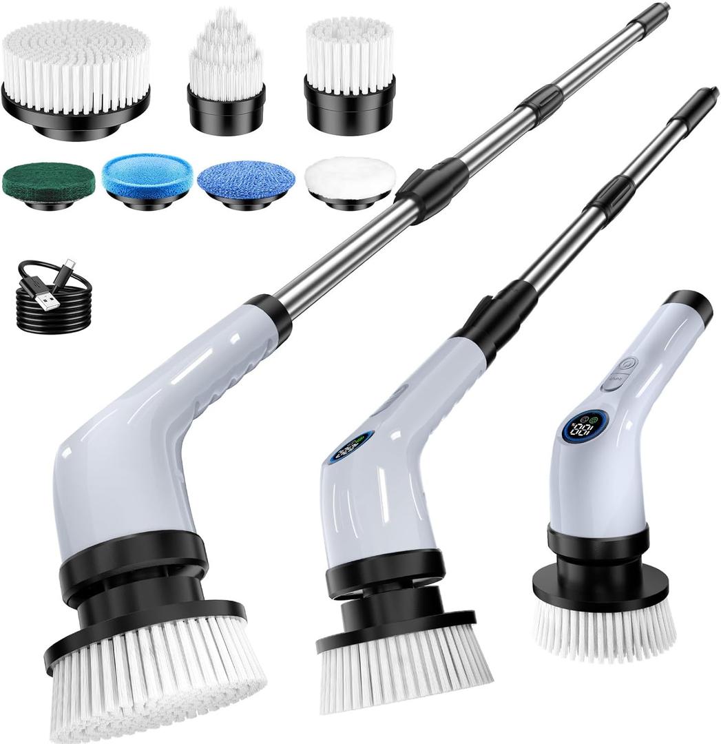 Electric Spin Scrubber Upgraded Battery with Extra-Long Runtime, IPX7 Waterproof Power Cleaner with 7 Brush Heads, 2 Speeds Adjustable Long Handle for Bathroom, Floor, Shower (Light Gray Maroon)