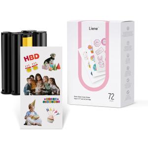 Liene Sticker Paper & Cartridge, 2 Ink Cartridge Refill & 72 sheets photo papers, 4x7", Dye Sublimation, Water & Oxidation-Proof, Compatible w/Liene PixCut S1 Photo Sticker Printer and Cutter