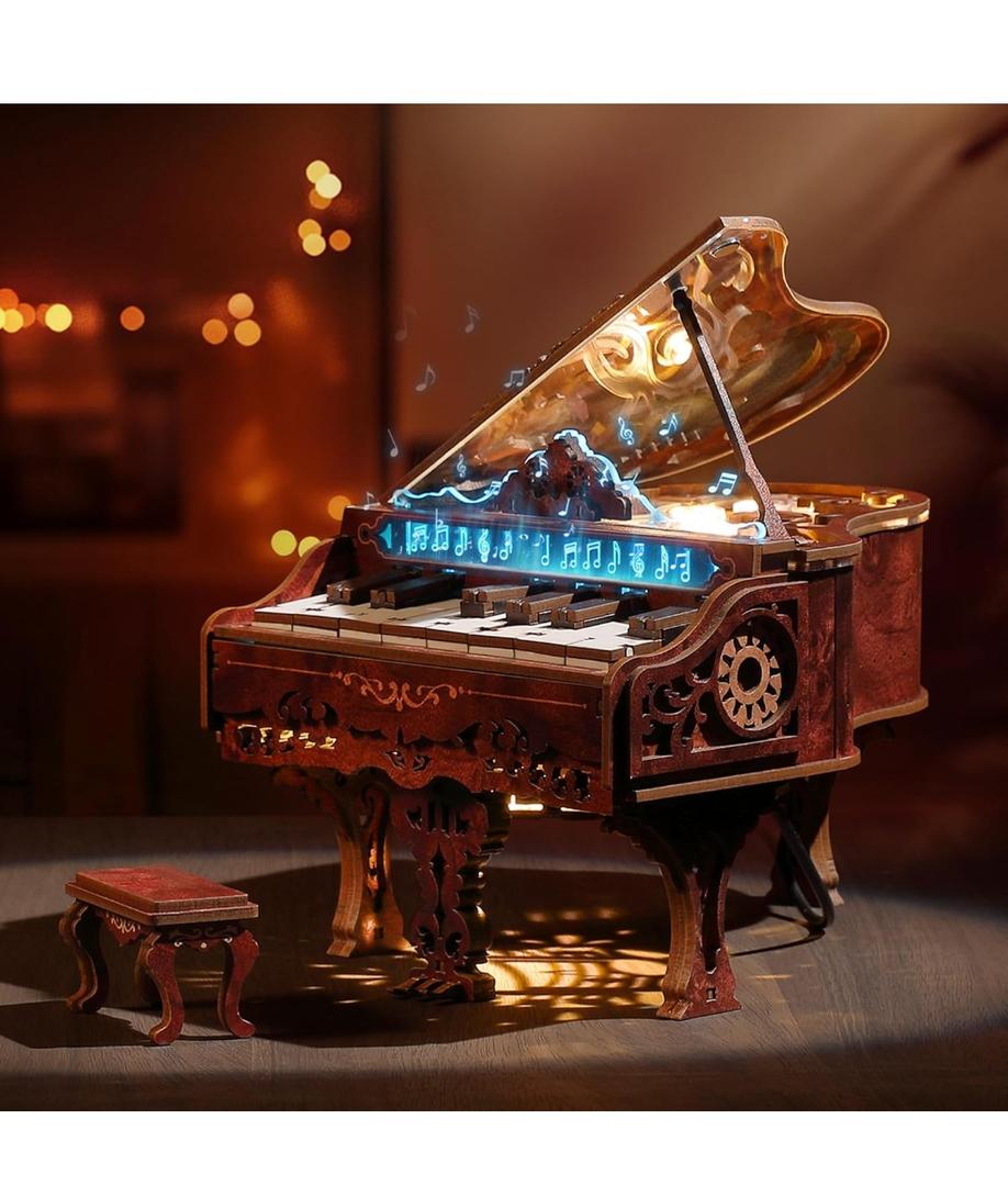 3D Wood Puzzle Piano Kit, Playable Wooden Keyboard Model with LED Lights, Interactive Craft Kit & Digital Piano Puzzle for Adults and Kids with LED