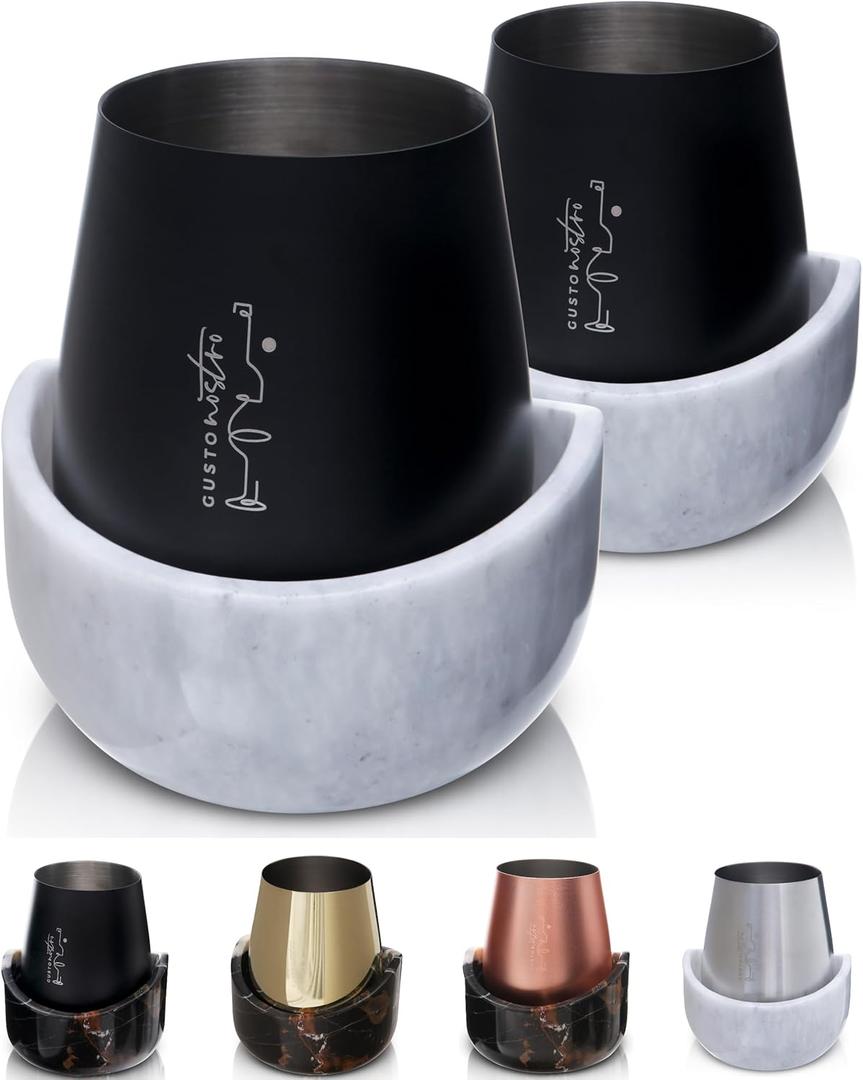 Gusto Nostro White Marble Wine Chiller for Glass and Stainless Steel Tumbler Set of 2 - Freezable Wine Glass Chiller Holder - Cool Set of Chillers and Stemless Metal Wine Tumblers for Home Bar (Black)