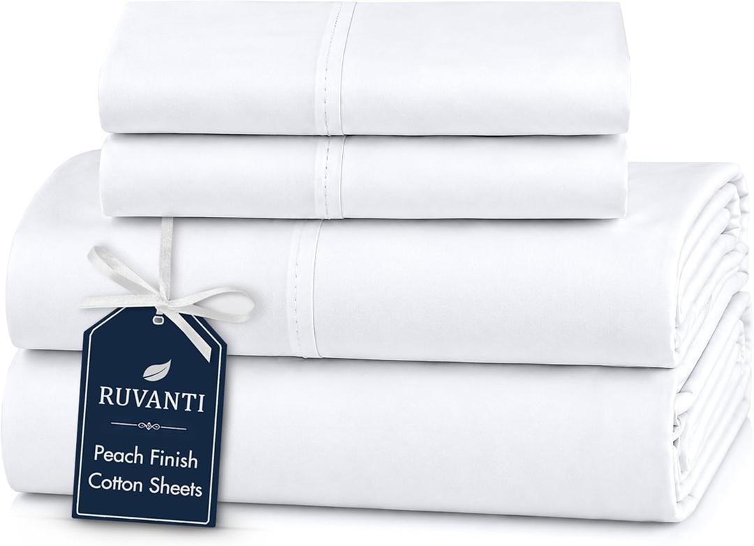 RUVANTI 100% Cotton Percale Sheets Full, Bright White | Crisp Cooling, Deep Pocket 14", Soft Peach Finish, Breathable & Durable, 4 Piece Set