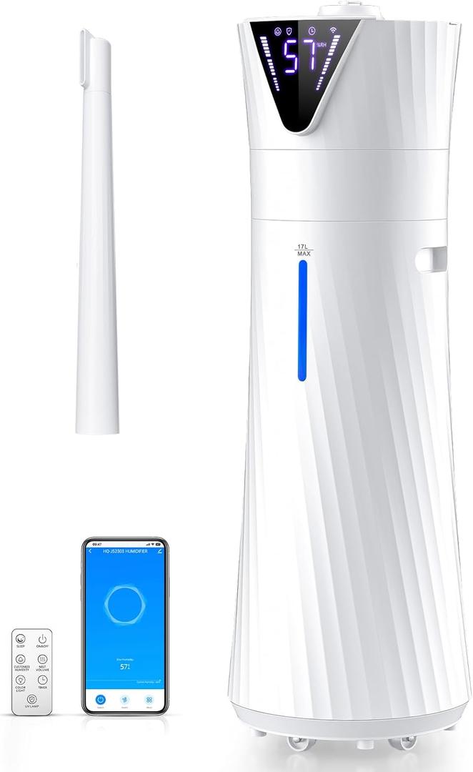17L/4.5Gal Humidifier Large Room, Smart Quiet Ultrasonic Cool Mist Humidifiers for Bedroom, Covers 2000ft, 56H Runtime, 24H Timer, 3 Mist Modes Humidifiers for Home, Office, Plants, White
