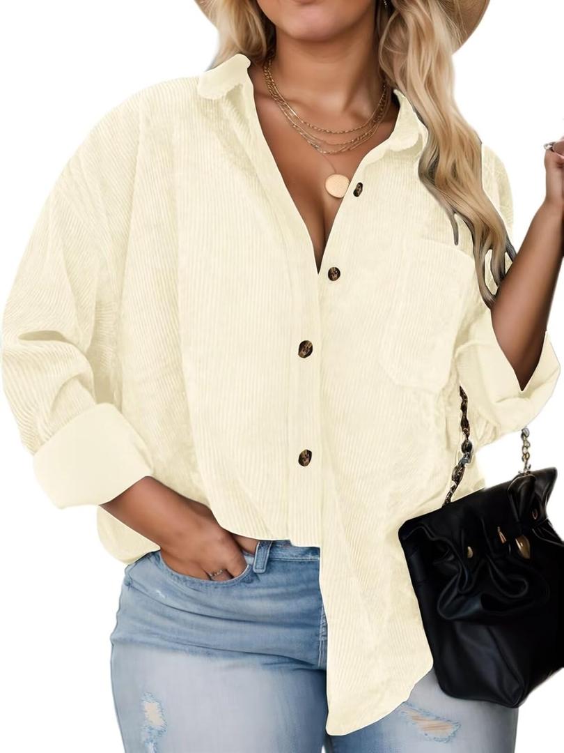 Plus Size Shackets for Women Fashion Fall Outfits Corduroy Shirts with Pockets Casual Long Sleeve Button Down Blouse Tops (Beige, XXL)