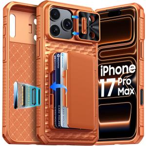 for iPhone 17 Pro Max Case Wallet, Built-in Card Holder (4-5 Cards), RFID Blocking,Camera Control Button, Slide Camera Cover, Shockproof Rugged Phone Case for iPhone 17 Pro Max, Cosmic Orange