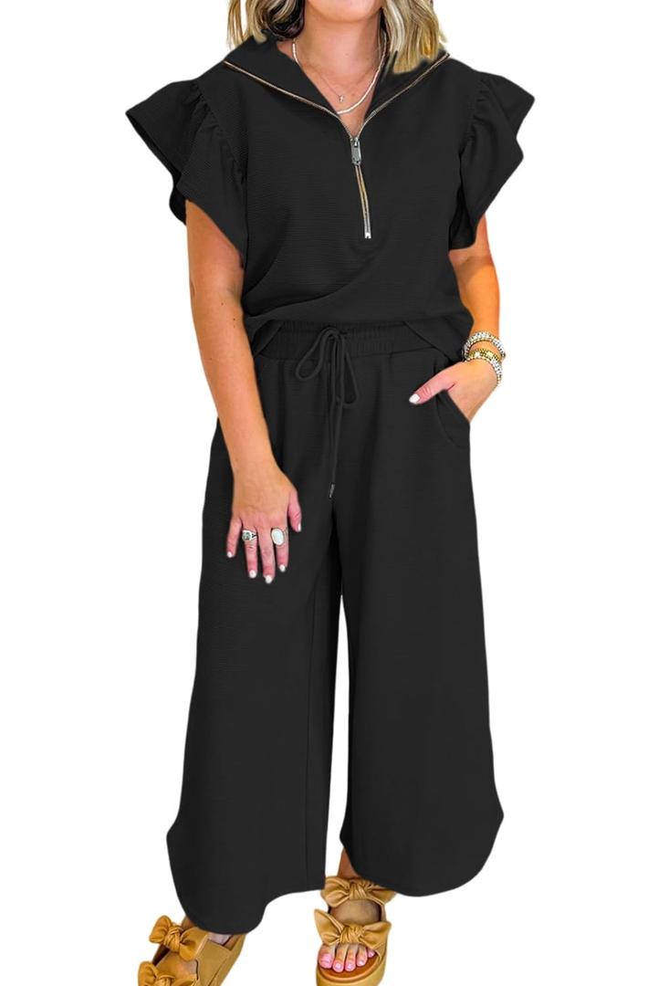 KevaMolly Womens Lounge Sets Black Textured Ruffled Sleeve Zipped Top and Wide Leg Pants Set Casual Daily Two Piece Sets M (M)